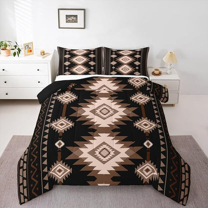 Feelyou Brown Black Western Bedding Set Full Size Southwestern Aztec Comforter Set Tribal Native American Indian Duvet Quilt