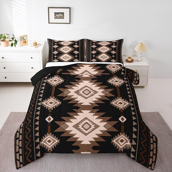 Feelyou Brown Black Western Bedding Set Toddler Size Southwestern Aztec Comforter Set Tribal Native American Indian Duvet Quilt