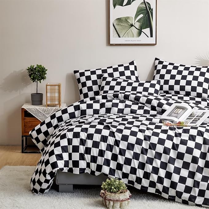 Houseri Black and White Plaid Comforter Set Twin Boys Buffalo Checkered Bedding Kids Girls Black Checkerboard Comforters Twin Size Comfy Soft Chessboard Grid Gingham Bed Dorm Quilts Blankets Twin 3PCS