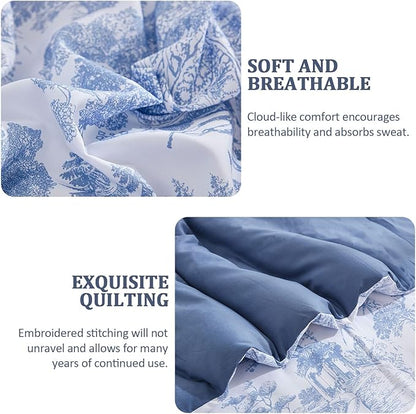 DJY Blue Comforter Set King, 7 Pieces Bed in a Bag King Size Botanical Comforters with Sheets Elegant Plants Print Soft Microfiber Reversible Complete Bedding Sets for All Season