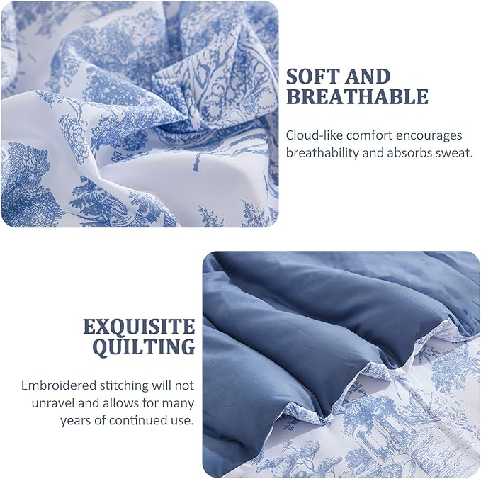 DJY Blue Comforter Set California King Size,7 Pieces Bed in a Bag Botanical Comforters with Sheets Elegant Plants Print Soft Microfiber Reversible Complete Bedding Sets for All Season
