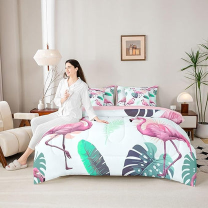 Erosebridal Girls Kids Flamingo Animal Pink Green Comforter Set Queen Size 7 Pieces | Tropical Leaves Bed in A Bag Botanical Bed Set Women Kids Bedding