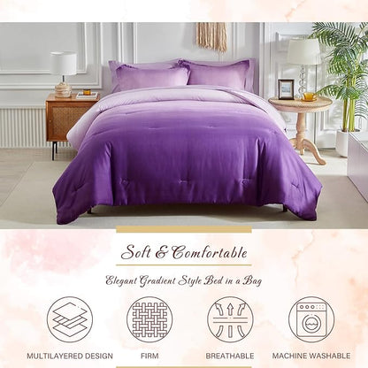 Purple and Lilac Gradient Comforter Set King Size 7 Pieces Elegant Ombre Bed in a Bag - Reversible All Season Bedding Set with Comforter, Flat Sheet, Fitted Sheet, 2 Pillowcases & 2 Pillow Shams