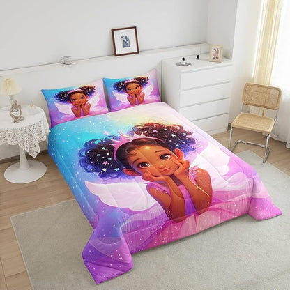 Manfei Black Little Girl Comforter Set King Size, Cute Girl Princess with Wings Down Comforter, Blue Purple Pink Galaxy Bedding Set for Kids Room Decor, Reversible Duvet Insert,2 Pillowcases