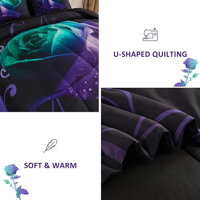 WONGS BEDDING Queen Comforter Set -7 Pieces, Reversible Teal & Purple Rose Bed in a Bag Queen, Lightweight Soft Microfiber Bedding Sets with Flat Sheet, Fitted Sheet, Pillowcases & Shams