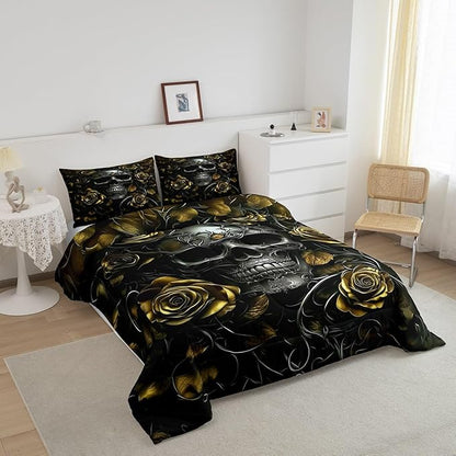 Erosebridal Adults Gothic Comforter Set Bohemian Boho Goth King Bedding Set Vintage Horror Skull Bed Sets Yellow Baroque Victorian Romantic Rose Duvet Insert,Halloween Gothic Bedroom Decor