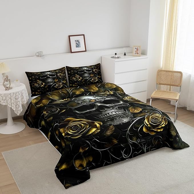 Erosebridal Adults Gothic Comforter Set Bohemian Boho Goth Toddler Bedding Set Vintage Horror Skull Bed Sets Yellow Baroque Victorian Romantic Rose Duvet Insert,Halloween Gothic Bedroom Decor