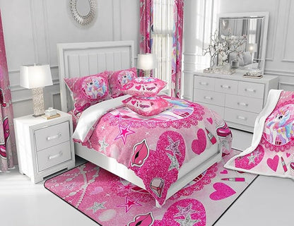 Cartoon Unicorn Kids Comforter Set Twin Size,Bowknot High-heeled Shoes Lip Romantic Bedding Set,Girls Women Room Decor,Stars Sparkling Princess Down Comforter,Pink Cute Duvet Insert,1 Pillowcase