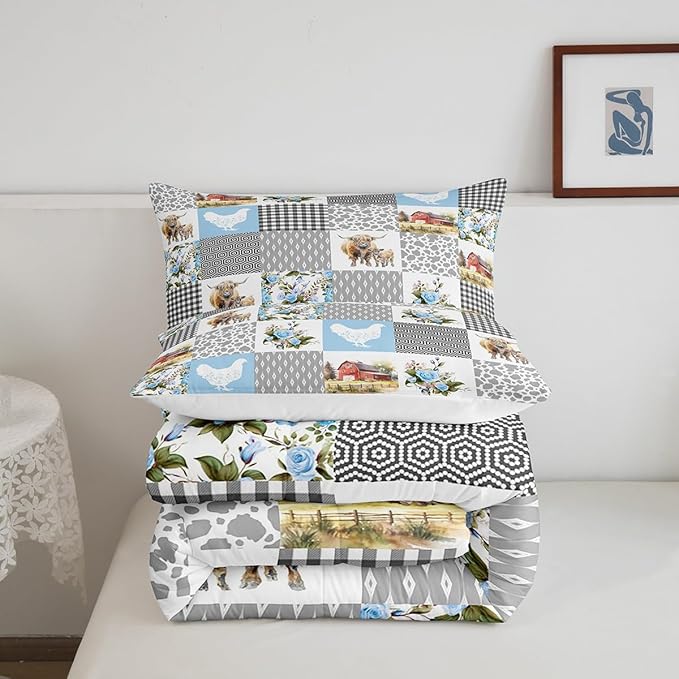 Farmhouse Plaid Comforter Set Queen Size,Highland Cattle Chicken Animals Bedding Set for Women Adult,Blue Floral Geometric Patchwork Luxury Bed Duvet Insert, 2 Pillowcases