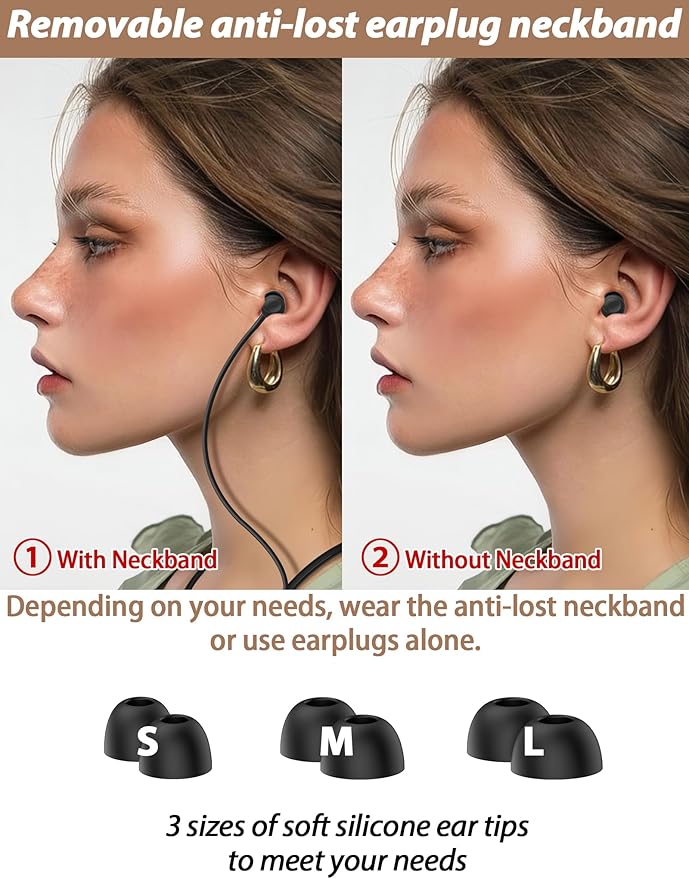 HALLEAST Earplugs for Concert, Noise Reduction, Hearing Protection, with Removable Ear Plug Lanyard, Safety Connector Cord Strap Neckband – SNR 26dB, NRR 14dB, Black Plug + Black Tip