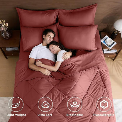 HEVUMYI Terracotta Twin Comforter Set - 5-Piece All Season Bed in a Bag Twin, Ultra Soft Bedding Set with Comforter, Flat Sheet, Fitted Sheet, Pillowcases, Pillow Shams