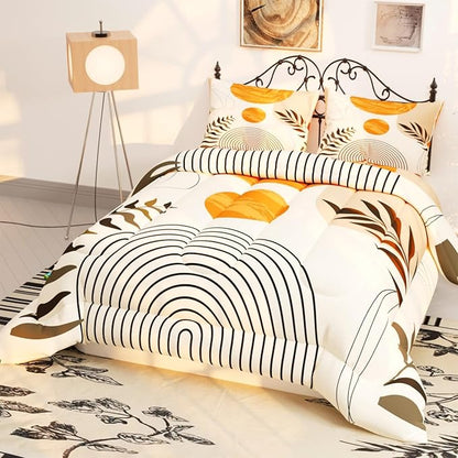 Sun Boho Leaf Comforter Sets for Kids Adults,3D Pattern with Bright Golden Yellow Colors,Decorative Bedding Comforter Sets with 2 Pillow Shams, Full Size