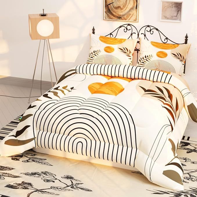 Sun Boho Leaf Comforter Sets for Kids Adults,3D Pattern with Bright Golden Yellow Colors,Decorative Bedding Comforter Sets with 2 Pillow Shams, Twin Size