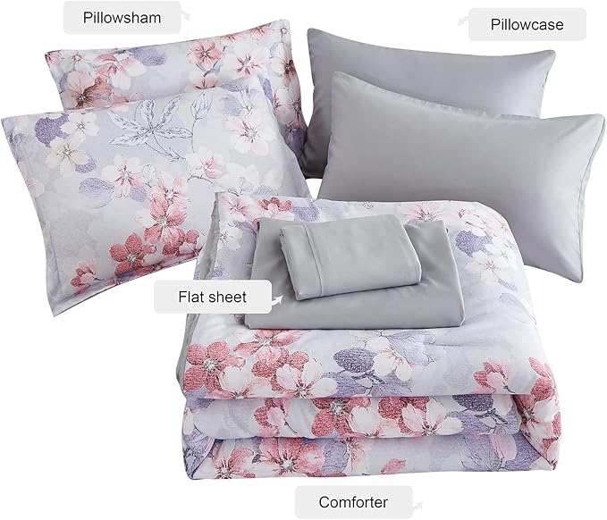 7 Piece Bed in a Bag Floral Comforter Set, Botanical Flowers Comforter and Sheet Set, Soft Microfiber Lightweight Bedding Comforter Set for All Season(Pink Floral, King)