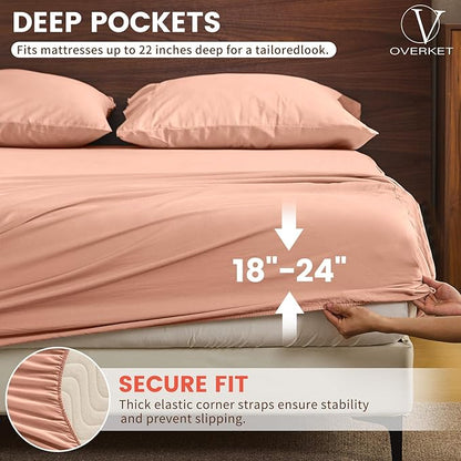 100% Linen Sheet Set King Size Extra Deep Pocket Fits 18-24 Inch Mattress, Breathable & Soft, Smooth 4-Piece Set for Thick Mattresses Hotel Luxury Bedding（King, Light Red）