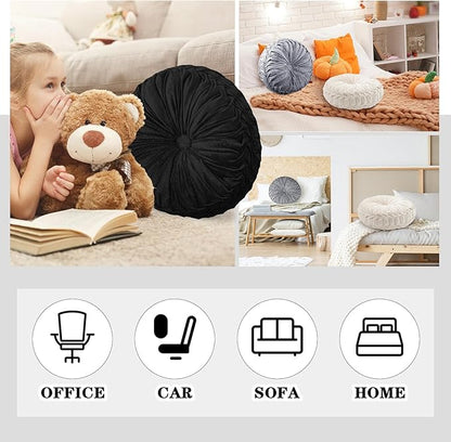 3 Pcs Round Throw Pillows Decorative Velvet Pleated Throw Pillows 15'' Diameter Accent Pumpkin Boho Chair Cushion for Couch Sofa Chair Bed Home Decoration (Black,White,Gray)