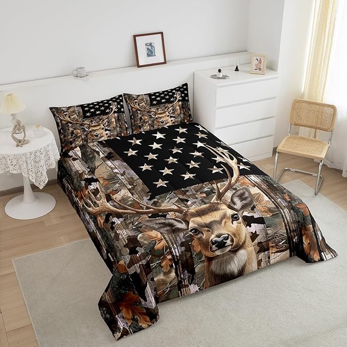 Feelyou Deer Hunting Comforter,Hunter Bedding Set Camo American Flag Comforter King Size for Bedroom Decor,Deer Comforter Set for Boys Teens Girls,King Comforter Set with 2 Pillowcase