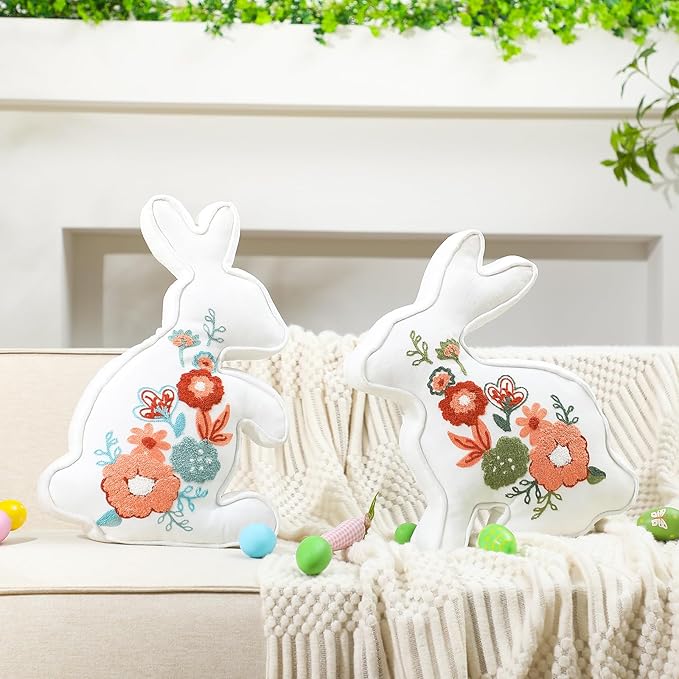 2 Pcs Easter Bunny Throw Pillow 2 Size Soft Velvet Bunny Shaped Floral Embroidered Rabbit Decorative Pillow Spring Office Decor for Sofa Bed Chair Living room, 18 x 11.8 Inch, 16.5 x 11.4 Inch