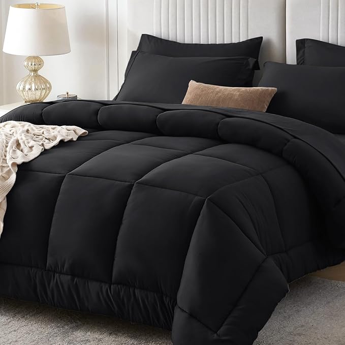 Sasttie Oversized Queen Comforter Set, 7 Pieces Extra Large Bed in a Bag, Complete Bedding Set Includes 98''x98'' Comforter, Flat Sheet, Fitted Sheet, Pillowcases and Pillow Shams, Black