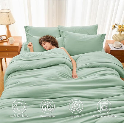 MUXHOMO 5 Pieces Twin Comforter Set, Soft Bed in a Bag Twin Size, All Season Bedding Set with Comforter, Flat Sheet, Fitted Sheet, Pillowcases & Shams, Sage Green