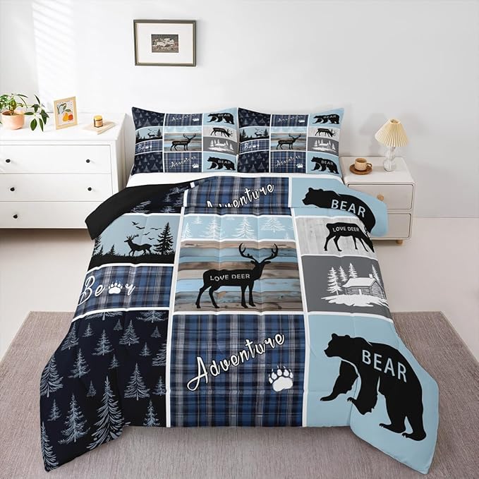 Cabin Rustic Bedding, Queen Bear Deer Woodland Animals Comforter Set For Kids Boys Teens Adult, Wildlife Hunting Lodge Quilt Blue Patchwork Plaid Duvet Insert Vintage Country Farmhouse Down Comforter