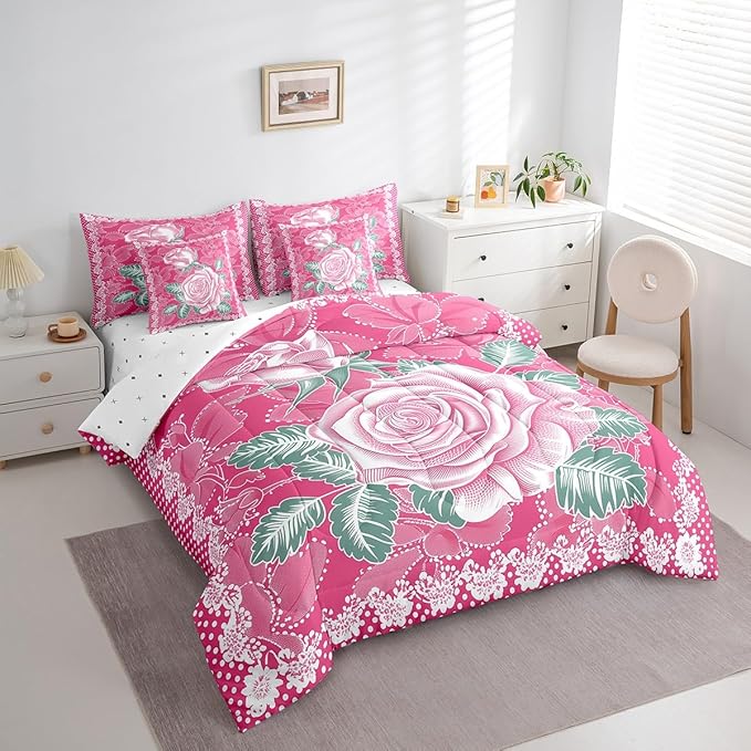 Feelyou Rose Comforter Set Full Size 7 Pieces Rose Floral Flower Bedding Set for All Season Romantic Vintage Garden Flower Bed in a Bag with Comforter, Sheets, Pillowcases & Cushion Cover
