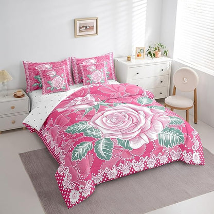 Feelyou Rose Comforter Set Full Size 7 Pieces Rose Floral Flower Bedding Set for All Season Romantic Vintage Garden Flower Bed in a Bag with Comforter, Sheets, Pillowcases & Cushion Cover