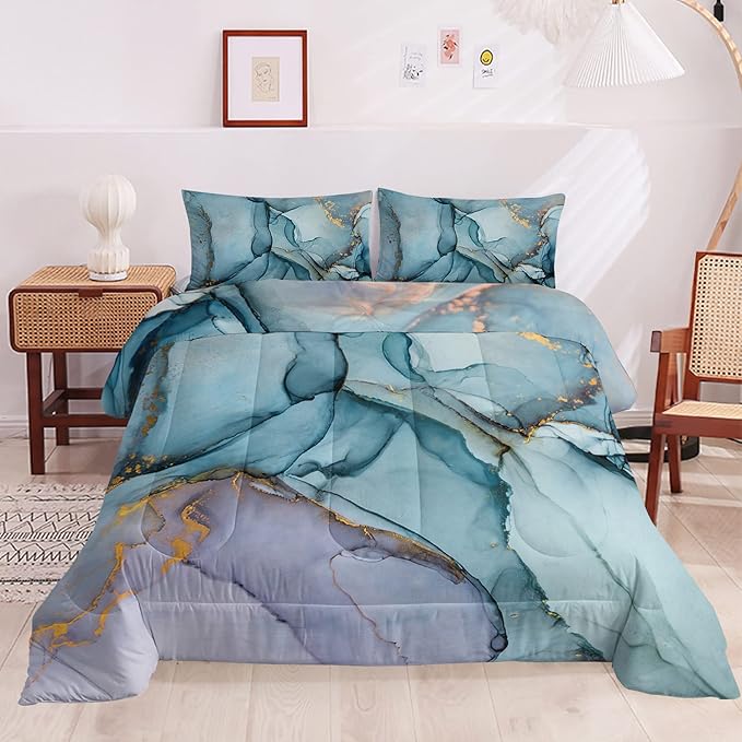 HOSIMA Marble Abstract Bedding Set Queen Size, Gold and Blue Marble Comforter Set for Girls Kids Women Bedroom Decor,Bedding Comforter Sets 3 Pieces with 2 Pillowcases.