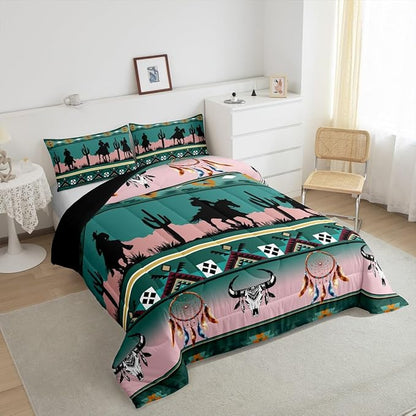 Erosebridal Western Comforter Set Toddler Size, Longhorn Skull Dream Catcher Boho Bedding Set for Kids Boys Teens Adult Bedroom, Cowboy Horse Aztec Quilt Southwestern Geometric Duvet Insert, Green