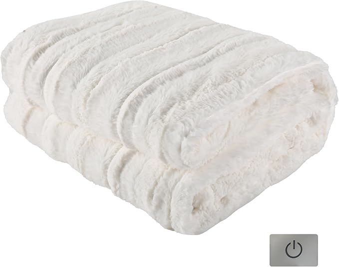 Electric Heated Blanket Throw Size 50"x60", Fast Heating Throw, Plush Faux Fur for Sofa & Office,4 Heating Levels & 10 Hours Auto Off, Machine Washable, Gifts for Family-Striped White