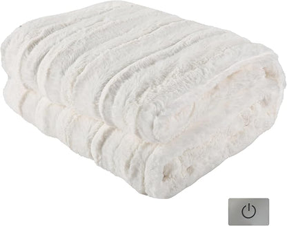 Electric Heated Blanket Throw Size 50"x60", Fast Heating Throw, Plush Faux Fur for Sofa & Office,4 Heating Levels & 10 Hours Auto Off, Machine Washable, Gifts for Family-Striped White