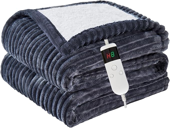 Heated Blanket Electric Throw, Soft Flannel Heating Blanket with 8 Hours Auto Off 10 Fast Heating Levels Machine Washable Sherpa Heated Blanket with Overheating Protection