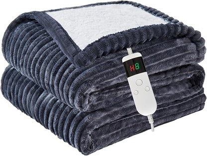 Heated Blanket Electric Throw, Soft Flannel Heating Blanket with 8 Hours Auto Off 10 Fast Heating Levels Machine Washable Sherpa Heated Blanket with Overheating Protection
