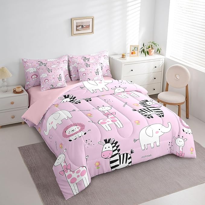 jejeloiu Pink Zoo Animals 7 Piece Bedding Set King Size Cartoon Cute Comforter Set with Sheets for Kids Boys Girls Giraffe Lion Zebra Elephant Bed in a Bag Flower Bed Set