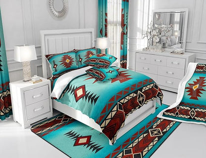 Southwest Comforter Set Queen Size,Geometric Aztec Tribal Striped Print Quilt Set Rustic Western Bedding Set for Kids Girls Woman Men Room Decor,Adult Retro Turquoise Red Duvet Insert 3Pcs