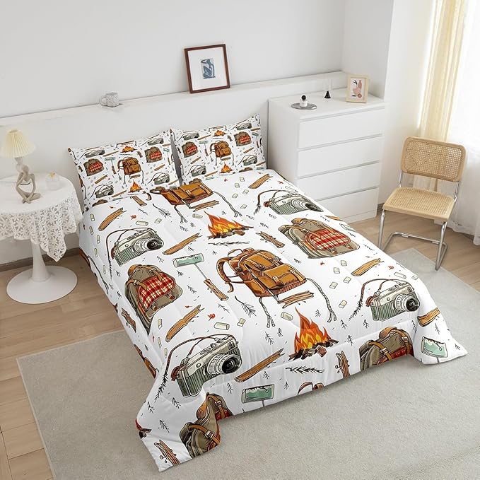 Feelyou Camping Comforter Set Full Size Camper Comforter Accessories for Travel Trailers Bedding Set Camping Backpack Print Duvet Set Room Decor Jade White Quilt Set