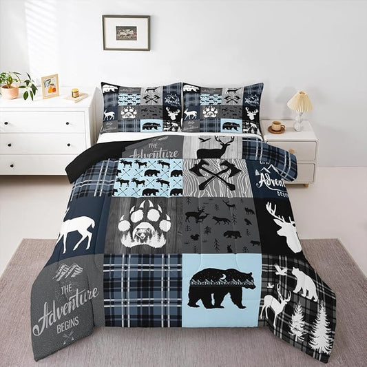 Cabin Retro Rustic Lodge Quilt Full Size, Bear Deer Country Comforter Set For Kids Boys Teens Bedroom Decor, Hunting Wild Animal Bedding Plaid Checkered Adventure Down Comforter With 2 Pillow Cases