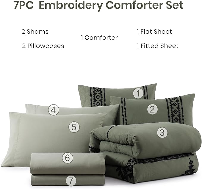 MaiRêve Super King Plus Comforter Set Dark Olive Green, Embroidery Western Boho Bedding Set 7 Pieces, All Season Farmhouse Bed in A Bag Comforter Set with Sheets, Pillowcases & Shams