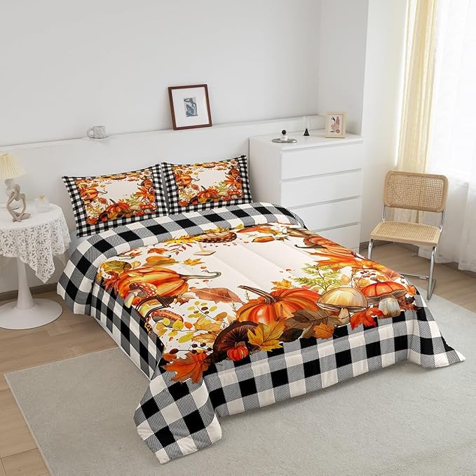 Thanksgiving Comforter Set Fall Pumpkin Mushrooms Bedding Comforter Sets Queen Brown Buffalo Plaid Bed Comforter Set,Autumn Harvest Season Duvet Insert,Fall Decorations For Home Bedroom 2 Pillow Cases
