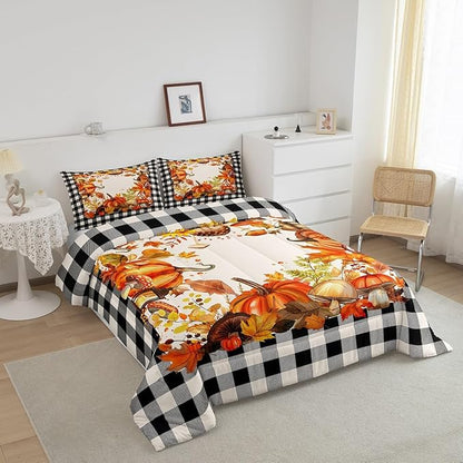Thanksgiving Comforter Set Fall Pumpkin Mushrooms Bedding Comforter Sets Queen Brown Buffalo Plaid Bed Comforter Set,Autumn Harvest Season Duvet Insert,Fall Decorations For Home Bedroom 2 Pillow Cases