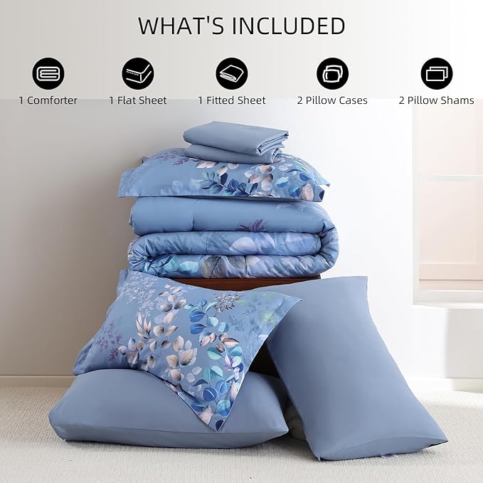 Xruibed Blue Comforter Set King Size 7 Pieces Bed in a Bag, Botanical Floral Print Bed Sets, Elegant Flower Comforter with Sheet Set, Soft Microfiber Bedding Set for All Season (Blue, 104"x90")