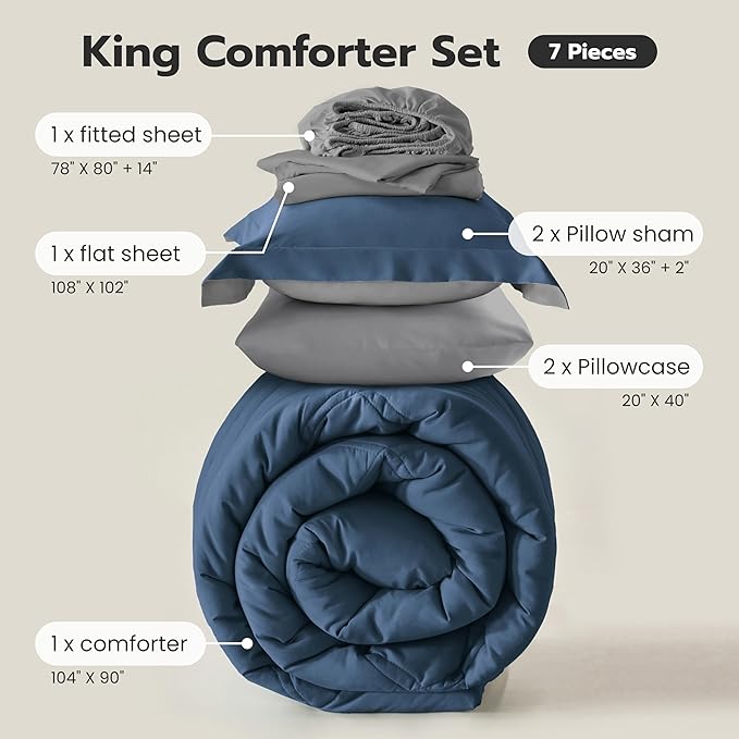 Joiedomi King Size Comforter Set with Sheets Navy Blue, 7 Pieces King Bedding Set with 1 Down Alternative Comforter, 1 Flat Sheet, 1 Fitted Sheet, 2 Pillowcases and 2 Pillow Shams, Bed in a Bag