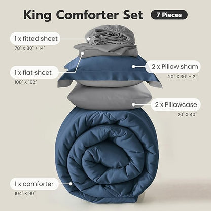 Joiedomi King Size Comforter Set with Sheets Navy Blue, 7 Pieces King Bedding Set with 1 Down Alternative Comforter, 1 Flat Sheet, 1 Fitted Sheet, 2 Pillowcases and 2 Pillow Shams, Bed in a Bag