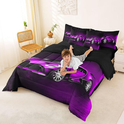 Feelyou Sports Car 7 Piece Bedding Set Purple Race Car Comforter Set with Sheets for Kids Boys Girls Extreme Sports Bed in a Bag Cool Speed Luxury Car Decor Quilt with 1 Pillowcase Twin