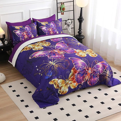 7 Piece Butterflies Comforter Set Twin Size 3D Gold Violet Butterflies Bedding Set for Kids Girls Women for Birthday Christmas Gift