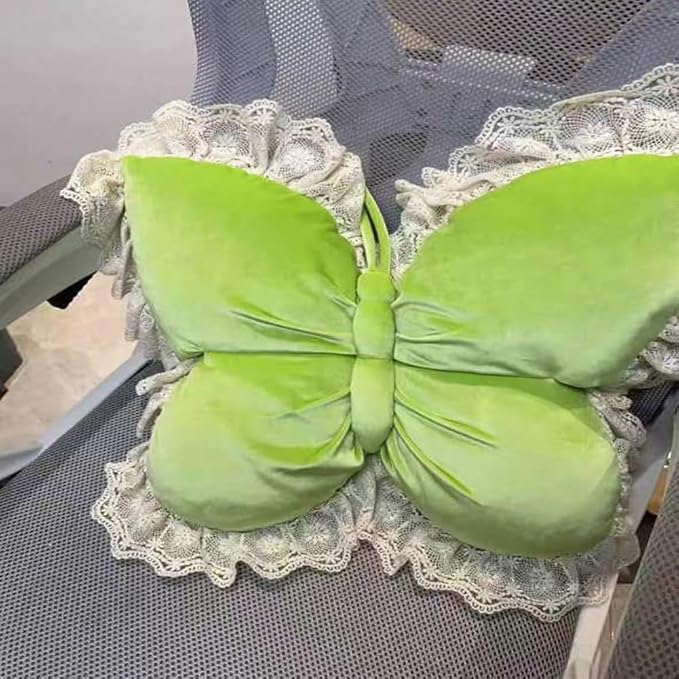 Butterfly Throw Pillow,21.6 inch Velvet Butterfly Decorative Pillow with Lace Trim,Animal Pillow for Couch Living Room Bed,Home Garden Decor (Green)