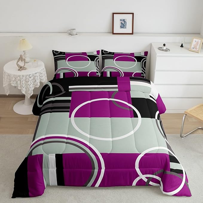 Erosebridal Modern Purple Black Gray Bedding Sets Full Geometric Circles Swirls Comforter Abstract Striped Quilted Duvet Chic Plaid Checkered Duvet Insert Stylish Texture Down Comforter All Season
