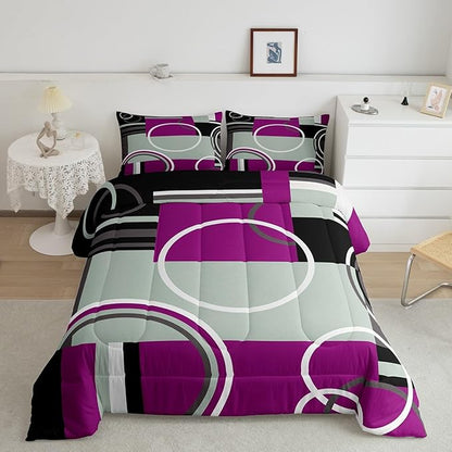 Erosebridal Modern Purple Black Gray Bedding Sets Full Geometric Circles Swirls Comforter Abstract Striped Quilted Duvet Chic Plaid Checkered Duvet Insert Stylish Texture Down Comforter All Season