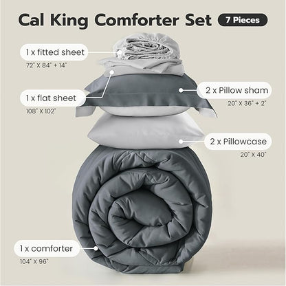 Joiedomi California King Comforter Set with Sheets Dark Grey, 7 Pieces Bedding Set with 1 Down Alternative Comforter, 1 Flat Sheet, 1 Fitted Sheet, 2 Pillowcases and 2 Pillow Shams, Bed in a Bag