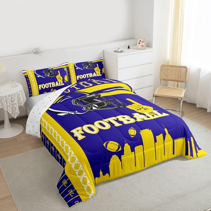 Feelyou Football Bedding Set Boys Girls Comforter Set Full Size Sports Themed Women Men Rugby Sport Duvet Quilt Football City Yellow Purple Room Decor